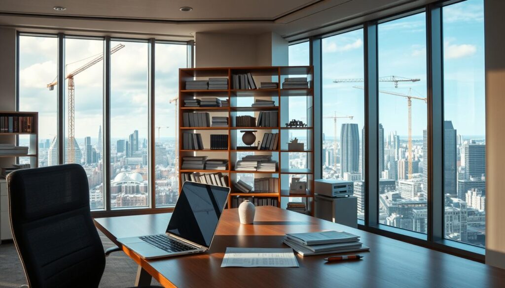 A well-lit office interior, with a desk and chair in the foreground. On the desk, a laptop, a stack of documents, and a pen set. In the middle ground, a bookshelf filled with architectural models and urban planning materials. The background features large windows overlooking a cityscape, with cranes and construction sites visible in the distance, hinting at ongoing redevelopment projects. The overall atmosphere is one of focus, professionalism, and the sense of shaping the future of the urban landscape.