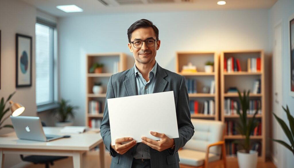 A well-lit office interior with a desk, chair, and bookshelves in the background. In the foreground, a calm and professional-looking therapist stands, holding a diploma or certificate representing their qualifications. The therapist's attire is neat and stylish, conveying a sense of expertise and authority. The overall atmosphere is serene and inviting, reflecting the tranquil nature of the therapeutic practice. The lighting is soft and warm, creating a welcoming ambiance. The composition is balanced, with the therapist's figure positioned prominently in the center, highlighting their role as the focal point of the image.