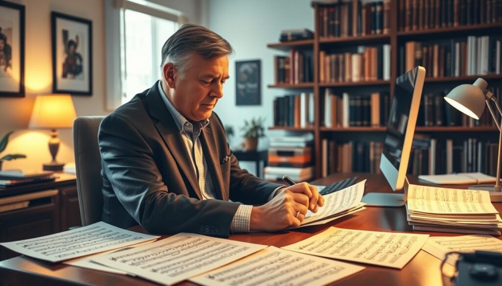 A well-lit office interior with a desk, computer, and various musical notation sheets scattered across the surface. In the foreground, a middle-aged person in professional attire sits at the desk, deep in concentration as they carefully annotate a musical score. The lighting is warm and inviting, creating a cozy, contemplative atmosphere. The background features bookshelves filled with volumes on music theory and composition, hinting at the depth of knowledge required for the profession. The scene conveys the diligence, focus, and attention to detail inherent in the work of a professional music engraver, whose expertise and experience directly impact their earning potential.