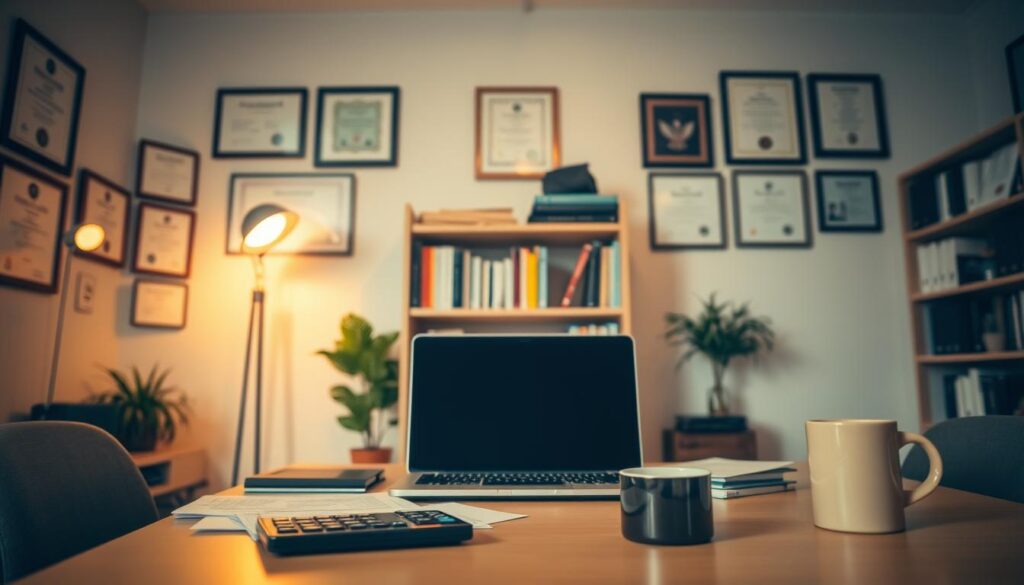 A well-lit office interior with a desk, laptop, and a bookshelf in the background. On the desk, there are papers, a calculator, and a coffee mug. The walls are decorated with certificates and diplomas, conveying a professional and educational atmosphere. The lighting is warm and inviting, creating a calming and serene environment. The camera angle is slightly elevated, providing a balanced and visually appealing composition. The overall mood is one of focus, expertise, and a commitment to supporting the well-being of students.