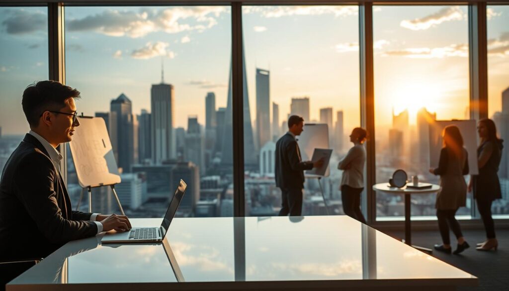 A well-lit office interior with a large window overlooking a bustling city skyline. In the foreground, a person in a smart casual outfit sits at a sleek, minimalist desk, intently focused on a laptop. The middle ground features team members collaborating on whiteboards and project documents, their faces radiating a sense of energy and camaraderie. The background showcases the vibrant urban landscape, with towering skyscrapers and a golden sunset filtering through the glass walls. The scene conveys a dynamic, innovative atmosphere, where a former bank employee has found a new purpose and fulfillment in the agile, fast-paced world of a SaaS startup.