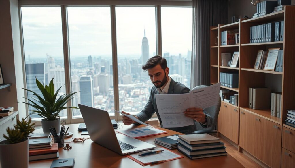 A well-lit office interior, with a large window overlooking a bustling cityscape. In the foreground, a desk with a laptop, various office supplies, and a potted plant. Behind it, a bookshelf filled with professional books and certifications. In the middle ground, a person sitting at the desk, intently reviewing financial documents and charts, their expression focused and determined. The background features a panoramic view of the city, with skyscrapers and infrastructure reflecting the success and growth of a thriving career. Soft, directional lighting casts a warm, productive atmosphere throughout the scene.