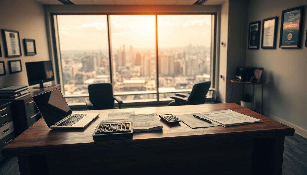 A well-lit office interior, with a large wooden desk in the foreground. On the desk, various financial documents, a laptop, and a calculator are neatly arranged. The walls are adorned with framed certificates and accolades, suggesting the success and expertise of the dealer. The lighting is warm and professional, casting a subtle glow over the scene. In the background, a panoramic view of a bustling city skyline can be seen through the large windows, hinting at the dealer's thriving business. The overall atmosphere conveys a sense of achievement, prosperity, and the rewards of a career in the world of automotive sales.