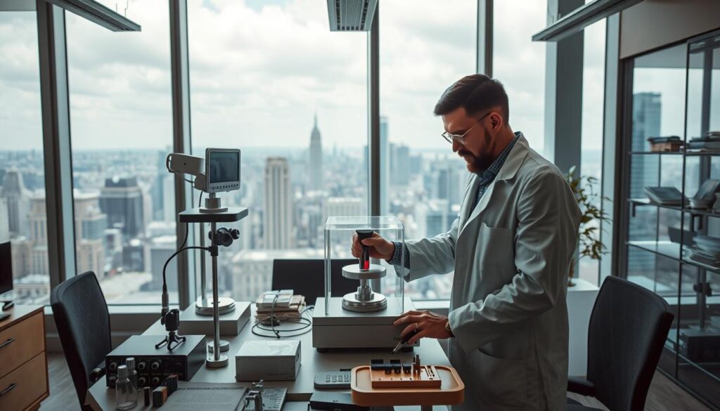 A well-lit office interior with a meticulous weighing station at the center. A professional metrologist in a lab coat carefully calibrating a precision scale, surrounded by an array of measurement tools and reference samples. In the background, a floor-to-ceiling window provides a panoramic view of a bustling urban skyline, conveying the dynamic nature of the metrologist's work. The overall atmosphere is one of focused concentration, attention to detail, and the importance of accurate measurement in the modern world.