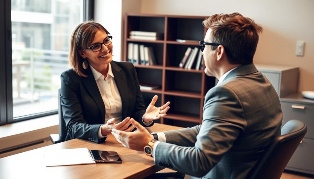 A well-lit office interior with a mid-career professional in formal attire sitting at a desk, consulting with a friendly, approachable career counselor. The agent gestures expressively, providing guidance and recommendations. In the background, a bookshelf and filing cabinet suggest a professional setting. Warm, muted tones create a welcoming atmosphere, conveying the agent's expertise and the client's sense of trust and optimism about their career transition.