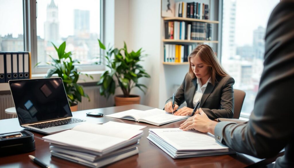 A well-lit office interior with a neatly organized desk, a laptop, and a stack of documents. In the foreground, a person in professional attire sits at the desk, carefully reviewing and signing application forms. The middle ground features a wall-mounted bookshelf with various reference materials and a potted plant, conveying a sense of professionalism and attention to detail. The background showcases a window overlooking a cityscape, suggesting the importance of the archivist's work within a broader urban context. The overall scene exudes a sense of focus, responsibility, and the diligent pursuit of professional accreditation.