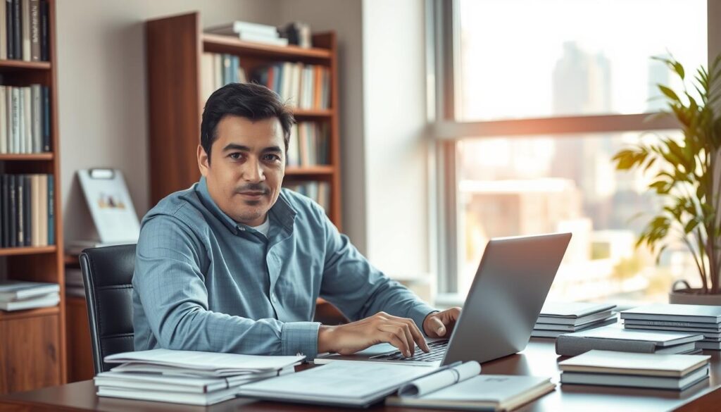 A well-lit office interior with a professional-looking public policy consultant sitting at a desk, working on a laptop and surrounded by books, reports, and other work materials. The consultant has a thoughtful, focused expression, conveying their expertise and problem-solving skills. The background features a bookshelf and a large window overlooking a cityscape, suggesting the consultant's broad knowledge and urban policy focus. The lighting is warm and natural, creating a productive and collaborative atmosphere. The camera angle is slightly elevated, giving a sense of the consultant's authority and leadership in their field.