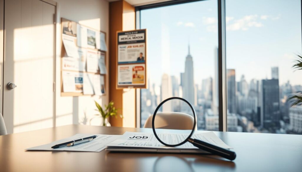 A well-lit office interior with a warm, inviting atmosphere. In the foreground, a desk with a laptop, papers, and a pen. On the desk, a magnifying glass is focused on a job listing. In the middle ground, a bulletin board displays various job postings, job search websites, and other recruitment-related materials. The background features a large window overlooking a bustling city skyline, suggesting the dynamic nature of the job market. The lighting is soft and natural, creating a sense of professionalism and focus. The overall scene conveys the process of diligently searching for a fulfilling career opportunity in the medical field.