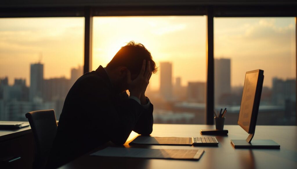 A well-lit office scene, a person sitting at a desk, deep in thought, their head in their hands. The atmosphere is tense, the mood somber. In the background, a window overlooking a city skyline, the sun setting. Soft shadows and highlights accentuate the figure's contemplation. The scene conveys the gravity and unease of a difficult decision, as the person navigates the legal and ethical implications of declining a job offer after committing to it. The image should evoke the complex emotions and dilemmas surrounding this situation.