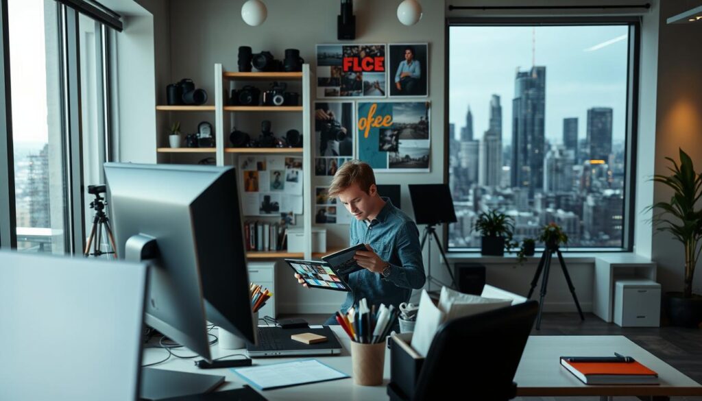 A well-lit office scene with a desk, computer, and various office supplies in the foreground. In the middle ground, a photo director reviews images on a tablet, engrossed in their work. The background features shelves of photography equipment, creative mood boards, and a large window overlooking a bustling city skyline. The lighting is a balanced mix of natural and soft artificial illumination, creating a productive yet tranquil atmosphere. The overall composition conveys the multifaceted responsibilities and focused attention required for the daily tasks of a photo director.