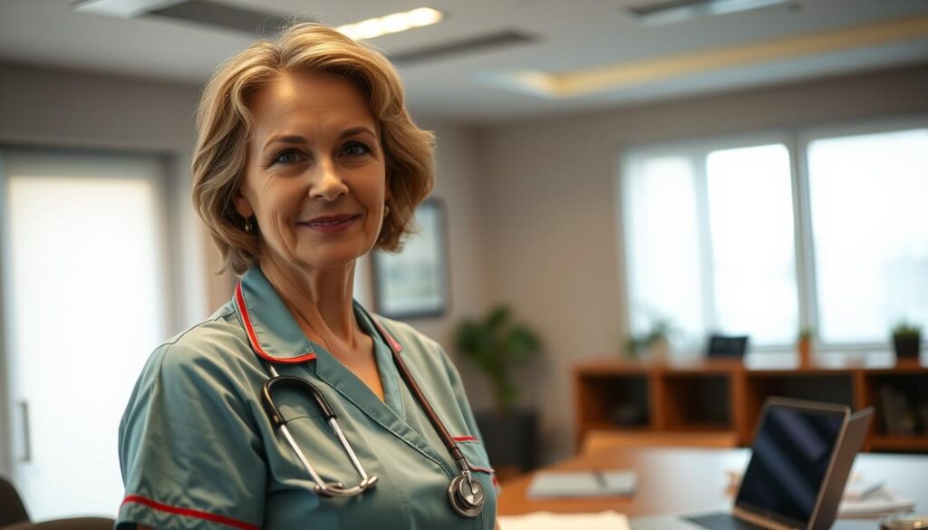 A well-lit office scene with a focus on a middle-aged woman in a home healthcare uniform, standing in front of a large desk with a laptop and financial documents. The background features muted colors and suggests a professional, administrative setting. The woman's expression conveys a sense of diligence and dedication to her work. Careful use of lighting and camera angle emphasizes the woman's role and the financial details of her occupation as a home healthcare worker.