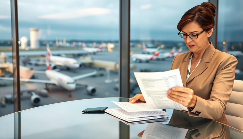 A well-lit office scene with a middle-aged, neatly dressed flight attendant reviewing financial documents on a sleek glass desk. In the background, a panoramic view of a bustling airport terminal with planes taking off and landing. Soft ambient lighting creates a professional, corporate atmosphere. The attendant's expression is focused, conveying the complexities of their salary structure and benefits. The scene captures the essence of a flight attendant's role and the financial considerations that come with it.