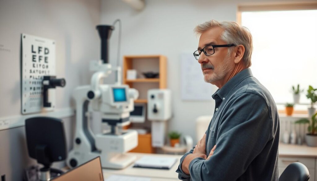 A well-lit office scene, with a middle-aged optometrist standing at their desk, deep in thought. In the foreground, a patient's eye chart hangs on the wall, hinting at the precision and care required in this profession. The background showcases a mix of advanced diagnostic equipment and a cozy, inviting atmosphere, reflecting the balance of technological expertise and personal attention. Soft, diffused lighting casts a warm, contemplative glow, capturing the optometrist's expression as they ponder the joys and challenges of their work - the ability to improve people's vision and quality of life, tempered by the demands of running a business and staying current with evolving medical knowledge.