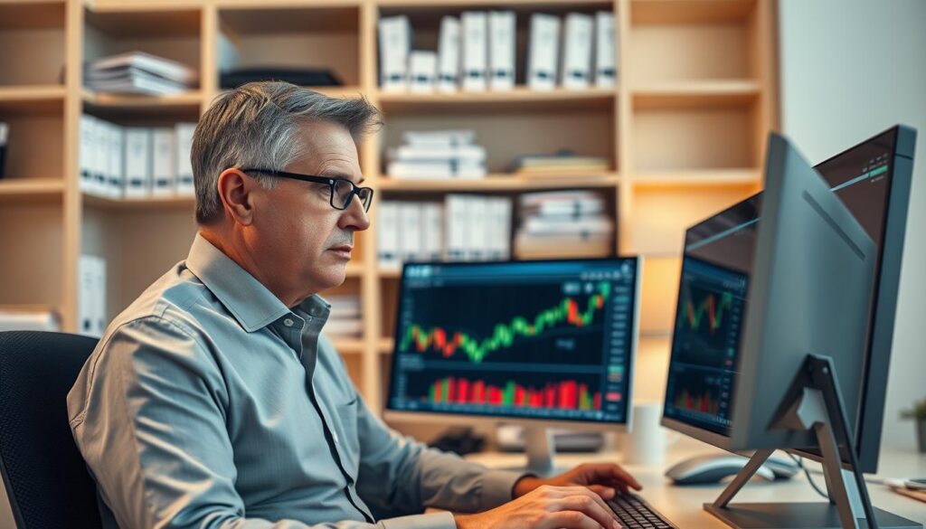 A well-lit office setting, featuring a middle-aged fund manager seated at a desk, deeply engrossed in analyzing financial data displayed on dual computer monitors. The manager's expression conveys a focused, contemplative demeanor, reflecting the complexity and importance of their role. In the background, shelves lined with financial reports and reference materials suggest the extensive research and diligence required. Subtle ambient lighting casts a warm, professional tone, while the clean, minimalist design of the office space emphasizes the manager's attention to detail and precision. The overall scene aims to capture the essence of a fund manager's responsibilities, from data analysis and decision-making to portfolio management and client communication.
