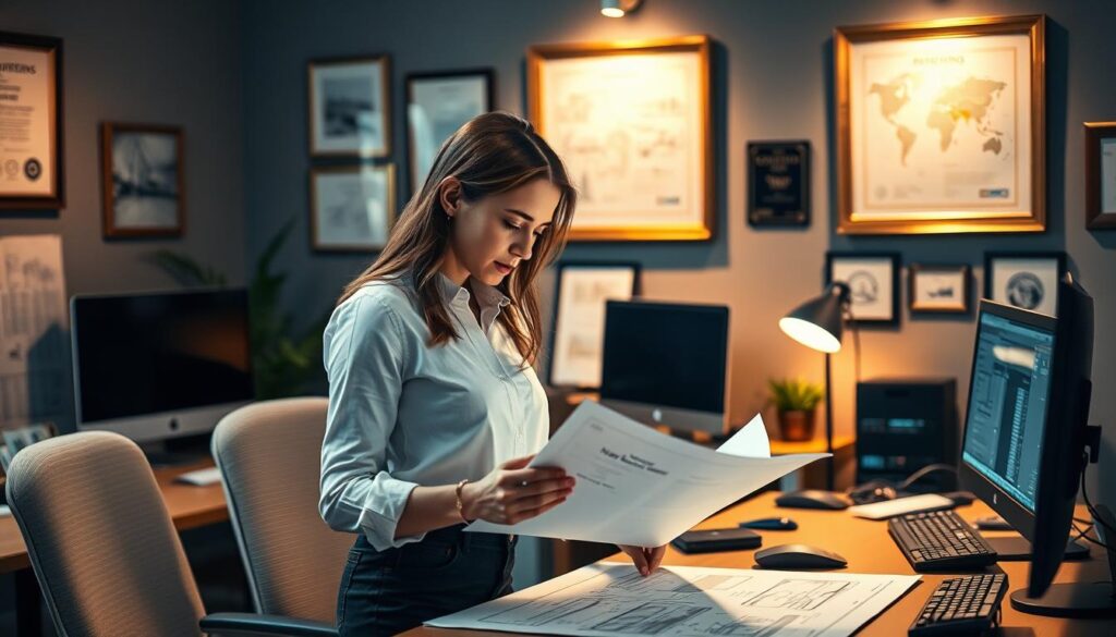 A well-lit office setting, showcasing a female construction engineer engrossed in her work. She stands at a drafting table, meticulously studying blueprints and technical drawings, her brow furrowed in concentration. The room is filled with the hum of computers and the clatter of a keyboard, conveying a sense of professional dedication. Framed engineering certificates and awards adorn the walls, highlighting her expertise and achievements. Warm, indirect lighting casts a gentle glow, illuminating her focused expression and the intricate details of her work. The overall scene conveys the active participation and vital contributions of women in the traditionally male-dominated field of construction engineering.