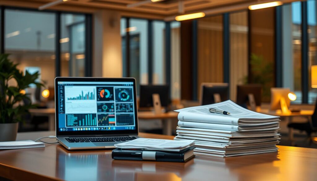 A well-lit office setting, showcasing a system engineer's desk. In the foreground, a laptop and monitors display various data visualizations, hinting at the complex analytical work. In the middle ground, a stack of technical manuals and certificates suggests the engineer's expertise. The background features a modern, minimalist office interior with sleek furniture and large windows, bathed in warm, ambient lighting. The overall scene conveys a sense of professionalism, intellectual challenge, and financial security associated with a system engineer's career.