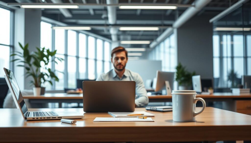 A well-lit office setting, the first day on a new job. In the foreground, a desk with a laptop, stationery, and a cup of coffee, symbolizing the tools and focus needed to tackle the day's tasks. In the middle ground, a new employee seated at the desk, looking thoughtful yet determined, ready to dive into their work. The background features modern office decor - clean lines, minimalist design, and large windows allowing natural light to flood the space, creating a sense of openness and possibility. The overall atmosphere conveys a blend of nervous anticipation and eager optimism, reflecting the challenges and opportunities that come with starting a new chapter in one's career.