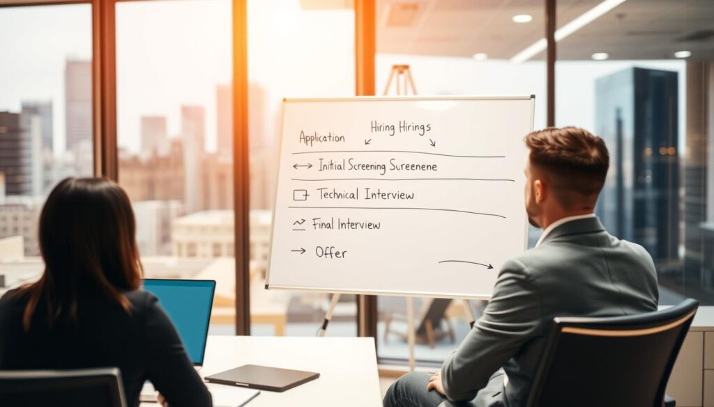A well-lit office setting, with a desk, chair, and a professional-looking person sitting in the foreground, engaged in a job interview. In the middle ground, a large whiteboard displays a detailed diagram of the hiring process, with stages labeled "Application", "Initial Screening", "Technical Interview", "Final Interview", and "Offer". The background features a blurred cityscape, conveying a sense of a dynamic, urban environment. The lighting is warm and inviting, creating a professional yet approachable atmosphere. The overall scene conveys the importance of preparation and understanding the selection process when transitioning to a new career opportunity.