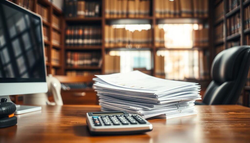 A well-lit office setting with a desk, chair, and computer monitor in the foreground. In the middle ground, a stack of financial documents and a calculator symbolize the analytical nature of the archivist's work. The background features bookshelves filled with historical records, reflecting the archivist's role in preserving and managing valuable information. The overall atmosphere conveys a sense of professionalism and attention to detail, hinting at the specialized skills and knowledge required for the archivist's role. The lighting is warm and natural, creating a welcoming and productive workspace.