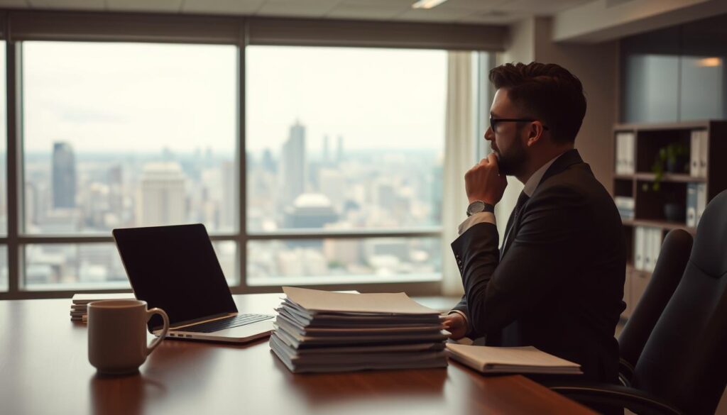 A well-lit office setting, with a desk in the foreground featuring a laptop, coffee mug, and a stack of organized documents. In the middle ground, a professional-looking person in a suit, deep in thought, contemplating their next career move. The background showcases a panoramic cityscape, hinting at the broader landscape of the job market. Warm, muted tones create a pensive, introspective atmosphere, inviting the viewer to consider the deliberate process of a successful career transition.