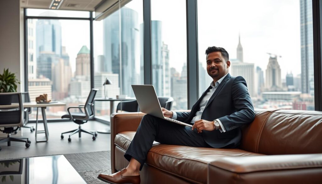 A well-lit office setting, with a large window overlooking a bustling city skyline. In the foreground, a professional-looking individual, dressed in a crisp, tailored suit, sits comfortably on a modern leather couch, laptop in hand, a serene expression on their face. The middle ground features various ergonomic office furnishings, including a sleek desk, comfortable chairs, and minimalist decor, conveying a sense of productivity and work-life balance. The background showcases the dynamic energy of the city, with skyscrapers and bustling streets, hinting at the broader career opportunities and growth potential that come with transitioning from a startup to a more established corporate environment.