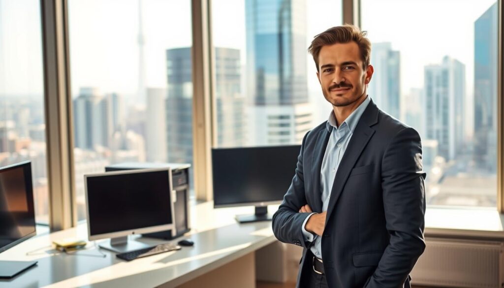 A well-lit office setting, with a large window overlooking a bustling cityscape in the background. In the foreground, a confident-looking systems engineer, dressed in a sharp suit, standing at a sleek, minimalist desk, surrounded by state-of-the-art computer equipment. The engineer's gaze is focused and determined, conveying a sense of mastery and success in their field. The lighting is warm and natural, casting a soft glow on the scene, creating an atmosphere of professionalism and achievement. The overall composition is balanced and visually appealing, capturing the essence of a successful systems engineer's work environment.