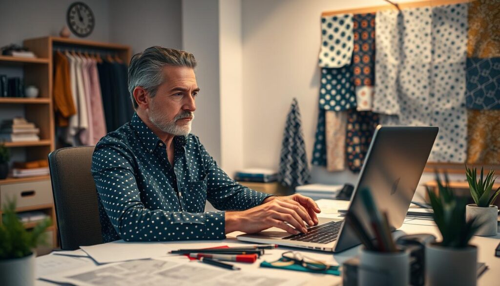A well-lit office setting, with a pattern designer sitting at a desk, intently focused on their work. The desk is cluttered with sketches, fabric swatches, and a laptop, conveying the meticulous nature of their craft. The designer's expression is one of concentration, as they meticulously adjust the patterns on their screen. In the background, a wall-mounted display showcases various textile designs, hinting at the designer's impressive portfolio. The lighting is warm and inviting, creating a professional and productive atmosphere. The scene suggests the hard work and attention to detail required for a pattern designer to thrive in their career, earning well-deserved raises and bonuses.