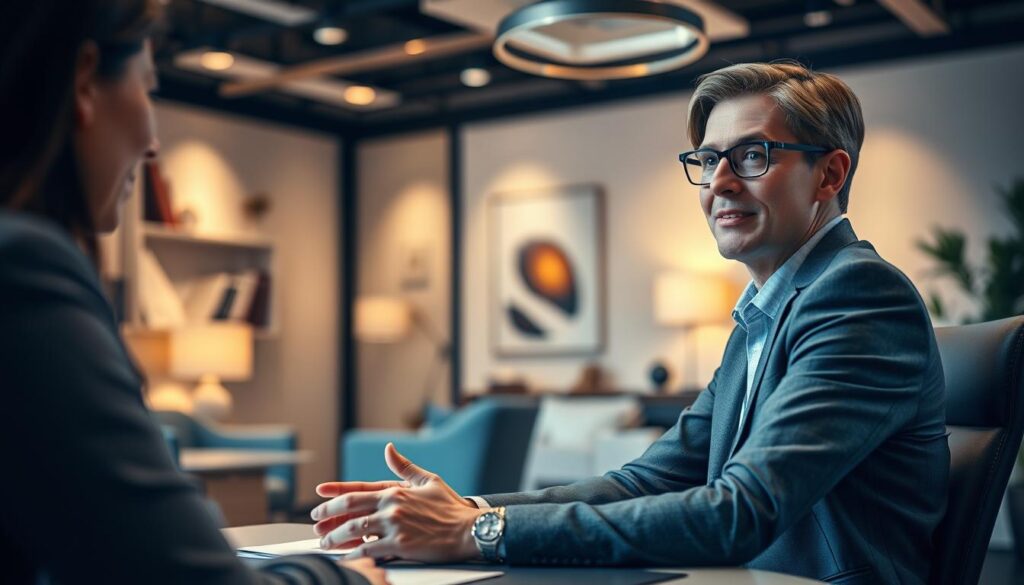 A well-lit office setting with a professional career consultant sitting at a desk, engaged in a conversation with a client. The consultant has an attentive, empathetic expression, providing guidance and advice. In the background, a warm, inviting atmosphere with stylish furniture and decor, conveying a sense of trust and expertise. Subtle lighting highlights the faces of the two individuals, creating a calm, focused mood. The angle captures the dynamic interaction, showcasing the consultant's role in navigating the client's career transition.