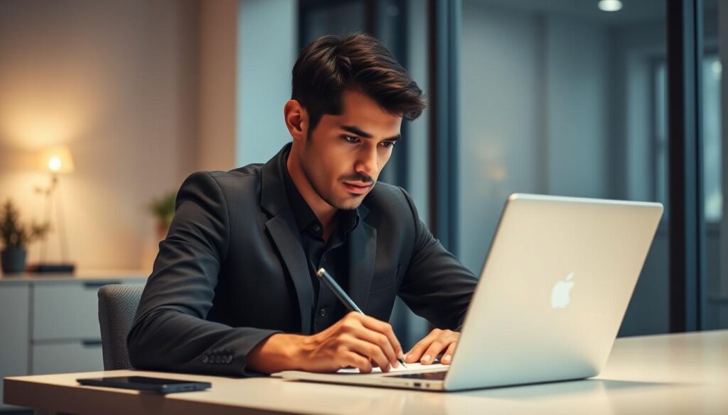 A well-lit office setting with a professional-looking individual seated at a desk, intently writing or typing on a laptop computer. The person's expression conveys deep contemplation as they consider their reasons for pursuing a career change. The background is slightly blurred, but hints at a modern, minimalist decor with clean lines and muted colors. Soft directional lighting from a large window casts a warm glow, creating a pensive and reflective atmosphere. The overall scene suggests the thoughtful process of clearly defining one's motivations for a career transition.