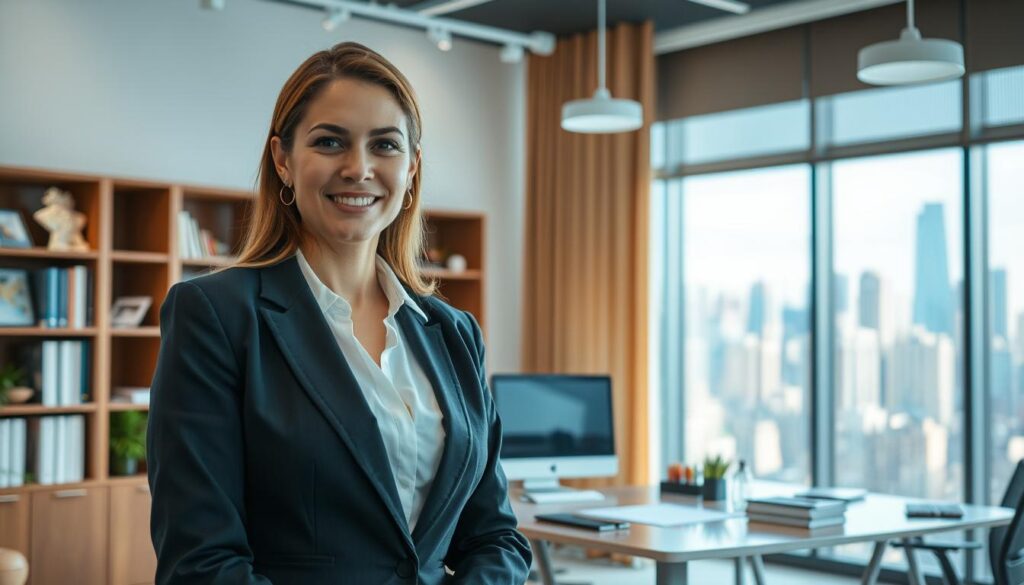 A well-lit office setting, with a professional secretary standing in the foreground, exuding an air of competence and organization. The secretary's attire is tailored and polished, conveying a sense of authority and poise. In the middle ground, a neatly arranged desk with a computer, files, and other office supplies, reflecting the secretary's attention to detail and efficiency. The background features a tasteful combination of modern and traditional elements, such as bookshelves, artwork, and a large window overlooking a bustling city skyline. The overall scene emanates a harmonious balance of professionalism, calm, and a touch of sophistication, capturing the essence of a secretary well-suited for their role.