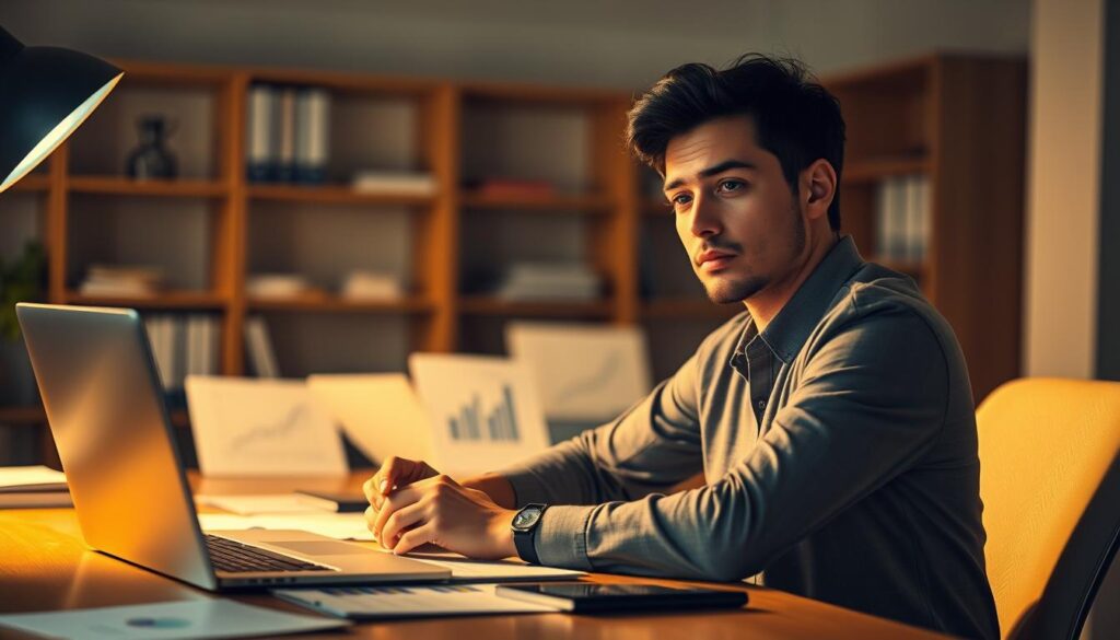 A well-lit office setting, with a thoughtful-looking person sitting at a wooden desk, surrounded by relevant documents, charts, and a laptop. The lighting is warm and focused, creating a contemplative atmosphere. The person's expression conveys a sense of self-analysis and introspection, as they carefully consider their career trajectory and personal strengths. The background is slightly blurred, but suggests a professional environment, with shelves of books or filing cabinets visible. The overall composition and mood evoke the process of self-reflection and evaluation that precedes a significant career transition.
