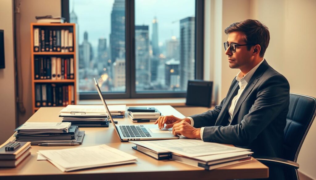 A well-lit office space with a desk, laptop, and carefully organized documents and folders. A person in professional attire sits thoughtfully, preparing for their next career move. The lighting is soft and inviting, conveying a sense of focus and determination. In the background, a bookshelf filled with career-related books and a window overlooking a bustling cityscape, symbolizing the broader context of the job market. The overall scene evokes a mood of careful consideration, strategic planning, and a desire for professional growth and success.