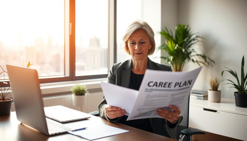A well-lit office space with a professional woman in her 50s seated at a desk, her expression contemplative as she reviews a career plan document. The background features a large window overlooking a city skyline, bathing the scene in warm, natural light. Subtle potted plants and minimalist decor create a serene, productive atmosphere. The woman's posture and attire suggest confidence and determination as she plans her next career move. The overall mood evokes a sense of control, purpose, and a positive outlook on the future.