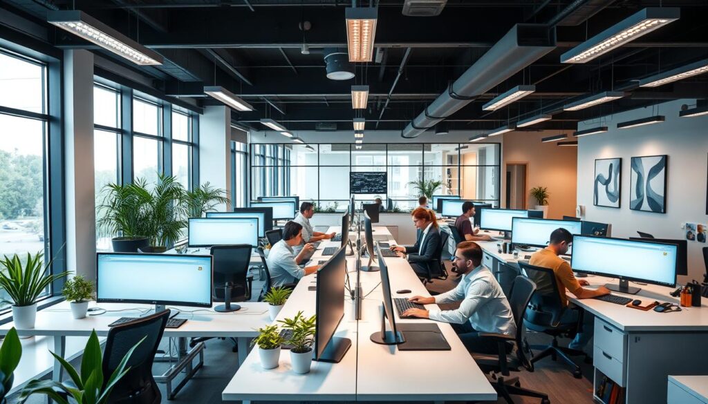 A well-lit office space with sleek, modern workstations arranged in an open-plan layout. Employees dressed in professional attire are focused on their computer screens, occasionally collaborating at a central conference table. Ambient lighting from large windows creates a productive and comfortable atmosphere. The room is decorated with potted plants, minimalist artwork, and ergonomic office furniture, reflecting a balanced blend of functionality and design aesthetics. The overall scene conveys a professional, tech-savvy work environment that caters to the needs of a capable system administrator.
