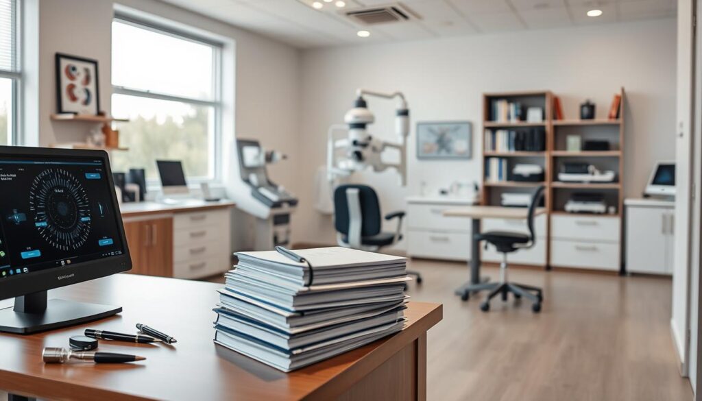A well-lit ophthalmology clinic interior, with a modern, minimalist design. In the foreground, an optometrist's desk showcases a sleek digital display, precision instruments, and a stack of patient files. The middle ground features an examination chair and cutting-edge diagnostic equipment, conveying the latest technologies used by skilled practitioners. The background depicts a clean, organized workspace with shelves of reference materials and a large window providing natural lighting. The overall atmosphere is one of professionalism, expertise, and a commitment to providing high-quality vision care.