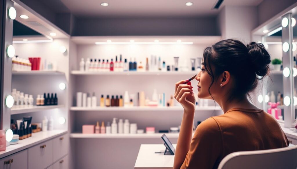 A well-lit professional beauty studio with a young woman in the foreground sitting at a vanity, focused on applying makeup. In the middle ground, shelves display a variety of skincare and beauty products. The background features a minimalist, modern decor with subdued lighting, creating a calming and luxurious atmosphere. The scene conveys the skills and knowledge required to become an esthetician, with the subject embodying poise, attention to detail, and a passion for the field.