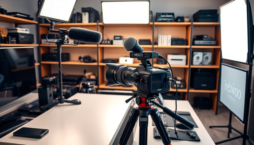 A well-lit professional-grade video production setup, showcasing an array of high-quality cameras, microphones, lighting equipment, and accessories. The scene features a sleek, modern desk with a sturdy tripod holding a state-of-the-art DSLR camera, its lens pointed towards the viewer. Nearby, a high-end condenser microphone on a boom arm captures pristine audio. Strategically placed LED panels and softboxes provide a warm, even illumination, casting a subtle glow across the scene. In the background, shelves display a variety of additional gear, including external hard drives, video editing software, and other essential tools for creating top-notch video content.
