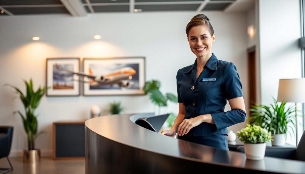 A well-lit, professional office setting featuring a cheerful, approachable person in a crisp, navy blue uniform standing behind a desk, representing a flight attendant or airline steward. The person has a warm, friendly expression and is engaging with a customer or passenger. The background includes tasteful decor, such as potted plants, artwork, and modern furnishings, creating a welcoming and efficient atmosphere. The overall composition conveys the professionalism, customer service, and attention to detail required to become a successful steward in the aviation industry.