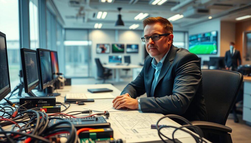 A well-lit professional office setting, featuring a technical director seated at a desk, surrounded by various technical equipment and digital displays. The director has a focused, analytical expression, suggesting deep concentration and problem-solving skills. The foreground showcases a range of tools and technologies, including cables, circuit boards, and engineering diagrams, conveying the director's technical expertise. The middle ground depicts a modern, minimalist workspace with sleek furniture and large windows, creating a sense of sophistication and efficiency. The background subtly hints at the sports industry, with subtle sports-related decor or branding, hinting at the director's role in this domain. The overall atmosphere is one of competence, precision, and a mastery of both the technical and strategic aspects of sports event production.