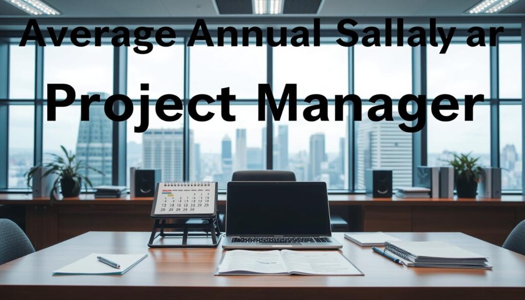 A well-lit, professional office setting with a business-focused atmosphere. A desk with a laptop, calendar, and other work materials takes center stage, suggesting the work environment of a project manager. The background features a large window overlooking a cityscape, with a clean, modern aesthetic. The overall mood conveys a sense of productivity, organization, and the financial aspects of the project manager's role. The image should clearly represent the average annual salary of a project manager, without any distracting elements.