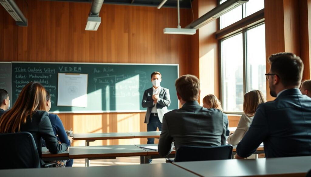 A well-lit professional office setting, with a confident teacher standing at the front of the room, addressing a group of attentive students seated at desks. The teacher's posture radiates a sense of authority and expertise, as they engage the class in an animated discussion. Warm, natural lighting floods the space, creating a welcoming atmosphere. The backdrop features a chalkboard or whiteboard, showcasing teaching materials and notes. The students, dressed in formal attire, appear engaged and eager to learn. The overall scene conveys a successful transition from a teaching career to a thriving professional environment, highlighting the adaptability and value of an educator's skillset.