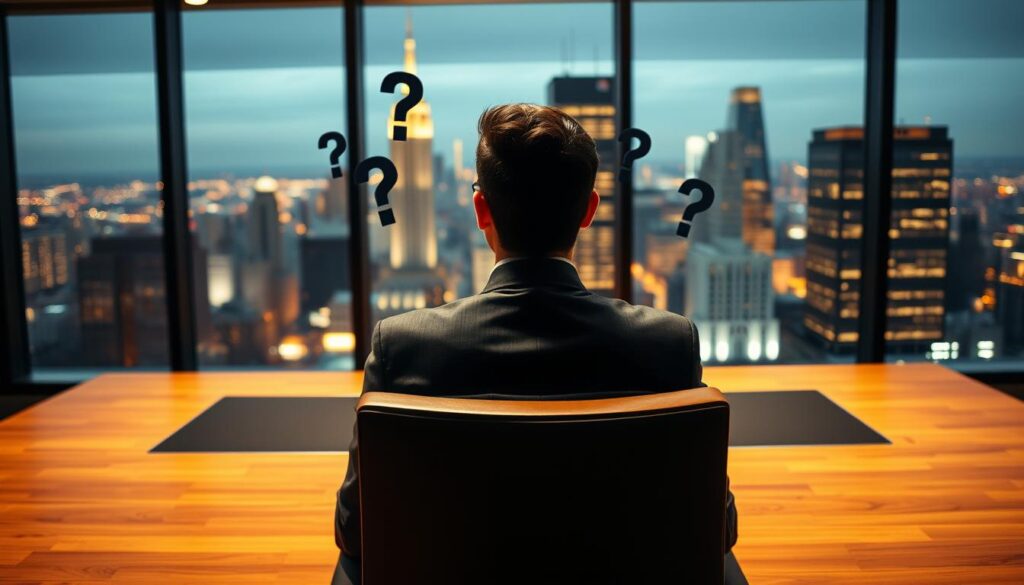 A well-lit, professional office setting with a wooden desk and chair in the foreground. In the middle ground, a businessperson sits across from the desk, their expression thoughtful as they contemplate a series of interview questions floating in the air before them. The background features floor-to-ceiling windows overlooking a bustling cityscape, conveying a sense of anticipation and high-stakes decision-making. The lighting is warm and focused, creating a sense of gravity and importance around the interview process. The overall mood is one of careful consideration and the weight of a pivotal career moment.