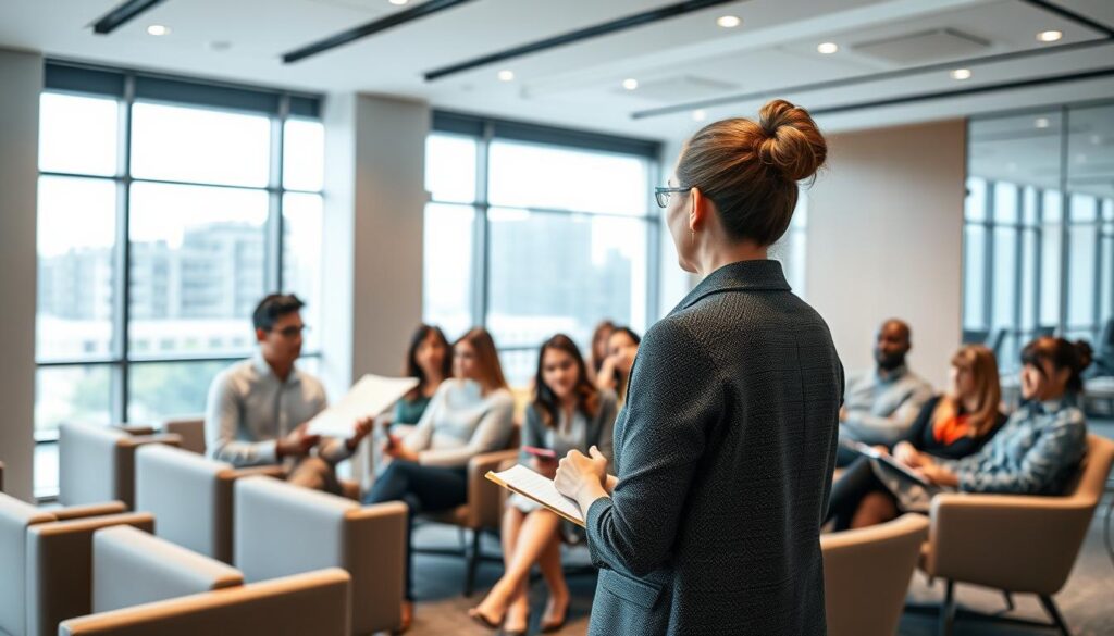 A well-lit, professional training seminar on facilitator development, with a diverse group of participants engaged in interactive exercises and discussions. The scene features a spacious, modern conference room with large windows, soft lighting, and comfortable seating. In the foreground, a facilitator leads the session, using visual aids and encouraging active participation. In the middle ground, the attendees are intently focused, collaborating and taking notes. The background showcases the elegant, minimalist decor, creating a calm and productive atmosphere. The overall composition conveys a sense of learning, growth, and the nurturing of essential facilitation skills.