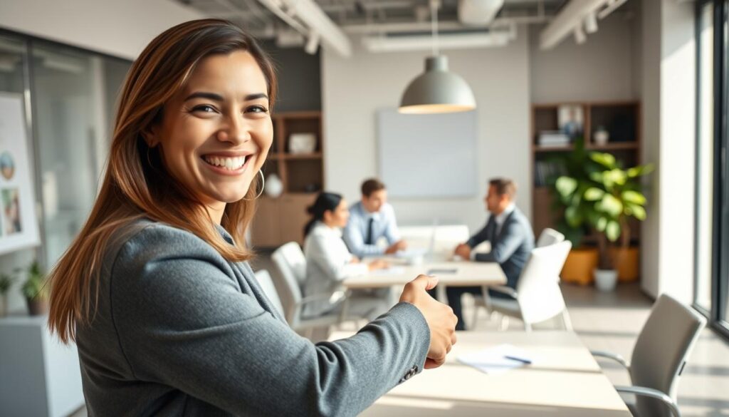 A well-lit, professionally-shot corporate office scene. In the foreground, a smiling person shakes hands with another, conveying a positive interaction. In the middle ground, a team of professionals sit around a conference table, engaged in a discussion. The background features modern office decor, with clean lines, neutral colors, and minimal clutter, creating a sense of order and efficiency. The lighting is warm and natural, casting a productive, collaborative atmosphere. The overall composition emphasizes the benefits of reference checks, such as building trust, verifying qualifications, and ensuring a good cultural fit for a new hire.