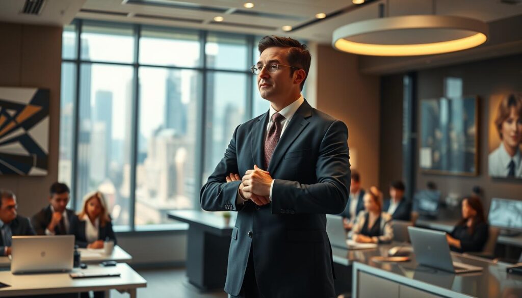 A well-lit, realistic scene depicting the career path of an executive producer. In the foreground, a confident, suited individual stands at a podium, presenting to a crowd of attentive business professionals. The middle ground showcases a corporate office environment, with sleek desks, modern technology, and inspiring artwork on the walls. In the background, a cityscape of towering skyscrapers and bustling streets conveys the high-stakes, fast-paced world of media production. The lighting is warm and inviting, creating a sense of professionalism and success. The overall atmosphere suggests the diligence, vision, and leadership required to ascend to the role of an executive producer.