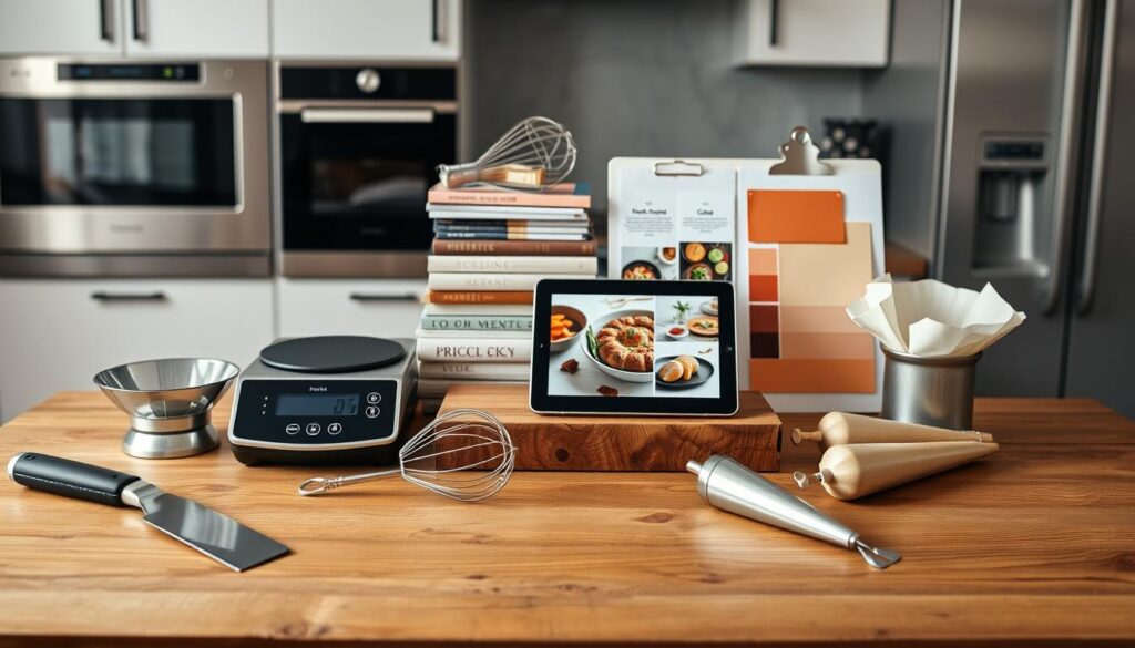 A well-lit, realistic still life arrangement on a wooden table, showcasing the essential skills required for a food coordinator. In the foreground, an array of culinary tools - a sharp chef's knife, a whisk, a digital food scale, and a pastry bag - symbolizing the technical proficiency needed. In the middle ground, a stack of recipe books, a tablet displaying food styling references, and a mood board with color swatches, representing the planning, organization, and creative vision. In the background, a minimalist kitchen setting with stainless steel appliances, providing a professional, high-quality context. The overall composition conveys the multifaceted nature of a food coordinator's work, blending practical skills, artistic sensibility, and domain expertise.