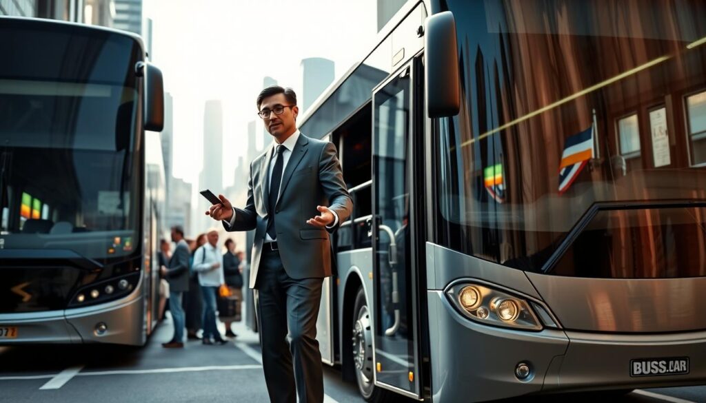 A well-lit, richly detailed scene depicting the career path of a bus guide. In the foreground, a confident, smartly dressed bus guide stands at the front of a sleek, modern bus, gesturing animatedly as they explain the route to a group of passengers. In the middle ground, the bus guide is shown in various settings - leading a tour, assisting passengers with luggage, and navigating through busy city streets. In the background, a cityscape with skyscrapers and landmarks suggests the versatility and mobility of the bus guide's role. The scene conveys a sense of professionalism, expertise, and the rewarding nature of a career as a bus guide.