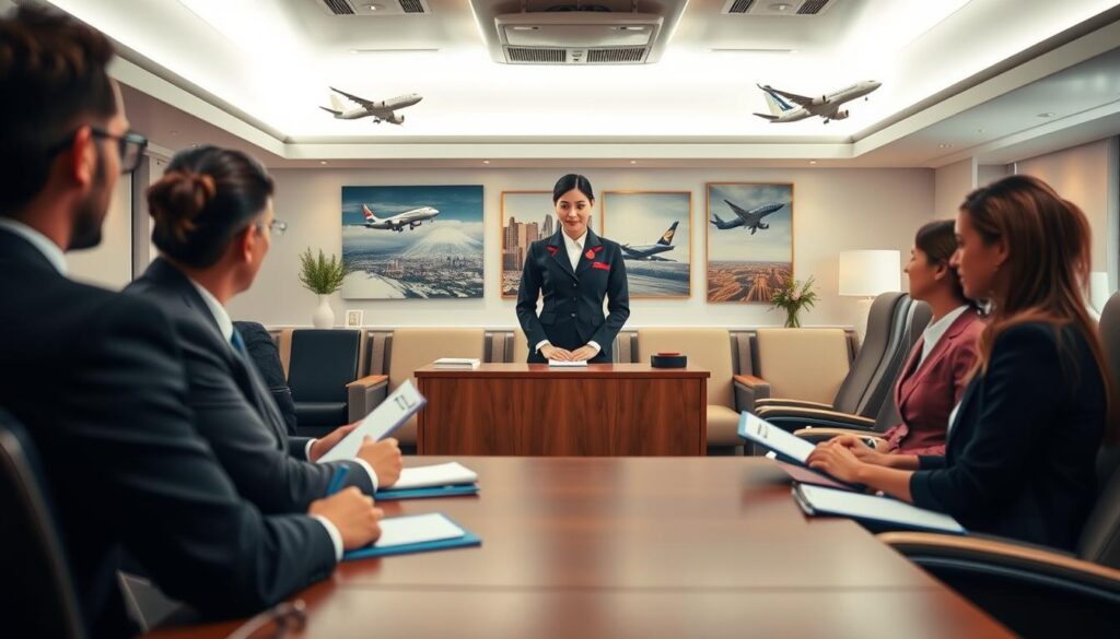 A well-lit room with a large wooden desk and comfortable chairs. In the foreground, a panel of professional-looking interviewers sit attentively, clipboards in hand. The middle ground features a confident, smartly-dressed flight attendant candidate, poised and ready to demonstrate their skills and knowledge. The background showcases airline-themed decor, such as model aircraft and travel-inspired artwork, creating a polished, aviation-centric atmosphere. Soft, directional lighting illuminates the scene, accentuating the gravity and importance of the cabin crew selection process.