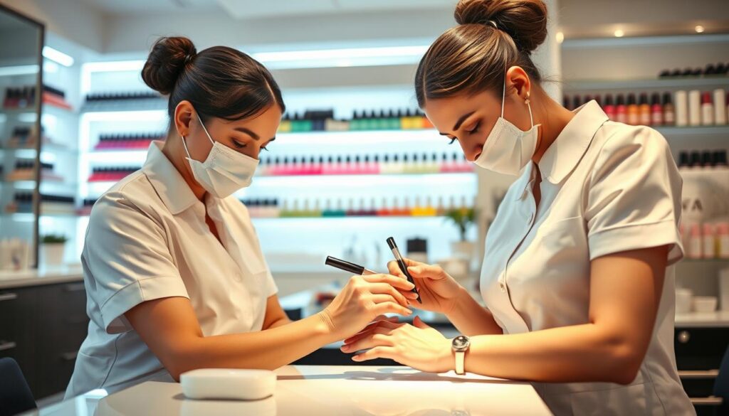 A well-lit salon interior, showcasing a professional nail technician meticulously working on a client's nails. The manicurist, dressed in a crisp white uniform, expertly shapes, files, and paints the nails with precise, delicate movements. The client's hands are gently cradled in the technician's, as they collaborate to create a flawless, aesthetically pleasing manicure. In the background, shelves display an array of vibrant nail polish colors and nail care products. Soft, ambient lighting sets a calming, pampering atmosphere, while the serene workspace conveys the meticulous attention to detail required in the nail care profession.