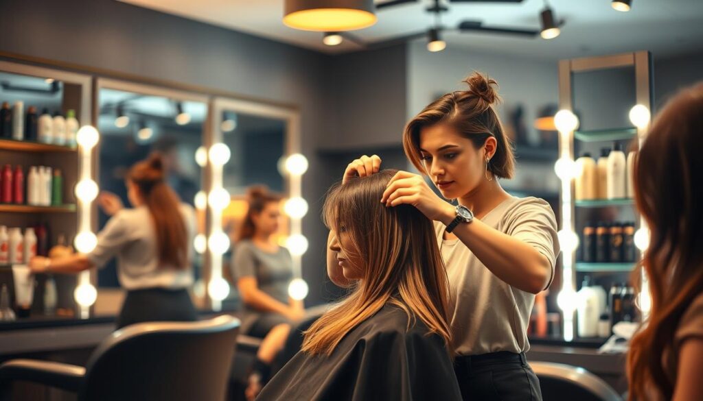 A well-lit salon interior, with a skilled hairstylist deftly cutting and styling a client's hair. The stylist's hands move with precision, their face focused as they consult with the client. Mirrors line the walls, reflecting the process. Shelves display an array of professional hair care products. Warm, diffused lighting casts a flattering glow, creating an inviting atmosphere. Clients wait patiently, observing the stylist's techniques with fascination. The scene captures the essence of the hairstylist's craft - their artistry, attention to detail, and dedication to transforming their clients' appearances.